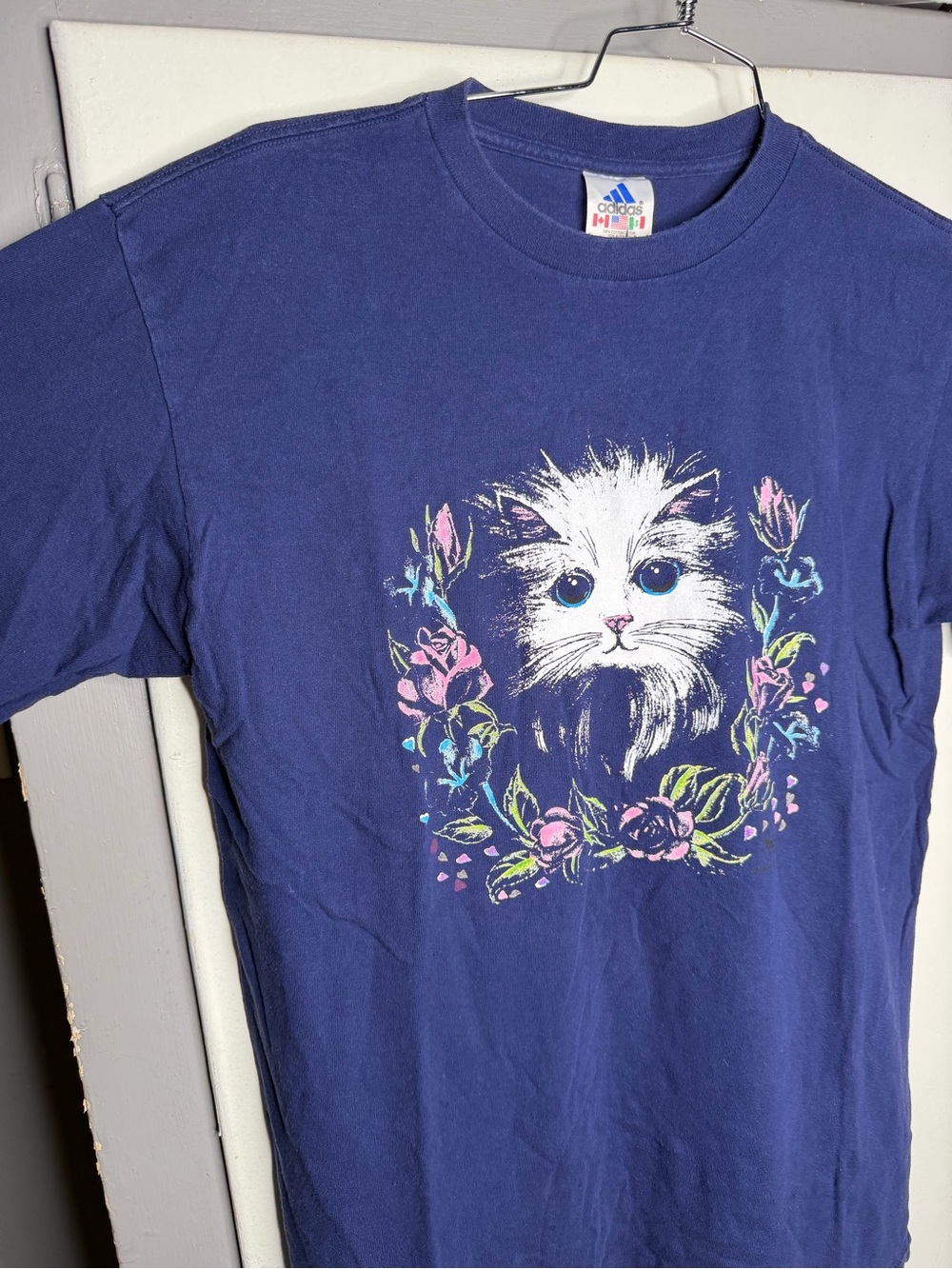 Adidas Women Navy Blue White Cat Floral Graphic Tee Size XL Vintage Grandmacore - Picture 3 of 7